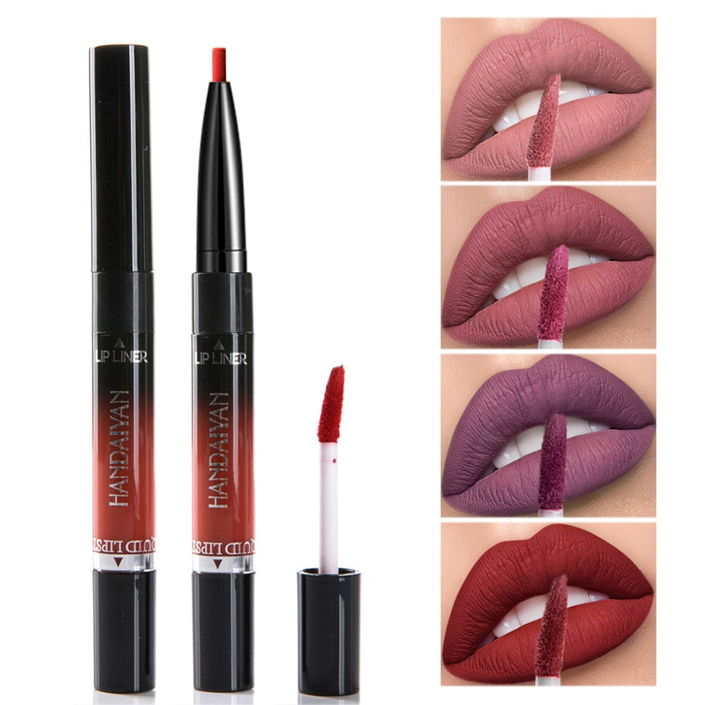 HANDAIYAN 2 IN 1 Double-end Lip Gloss 14Colors Matte Liquid Lipstick Lipliner Lip Makeup Cosmetics Waterproof Lip Tint Lip Tatoo
