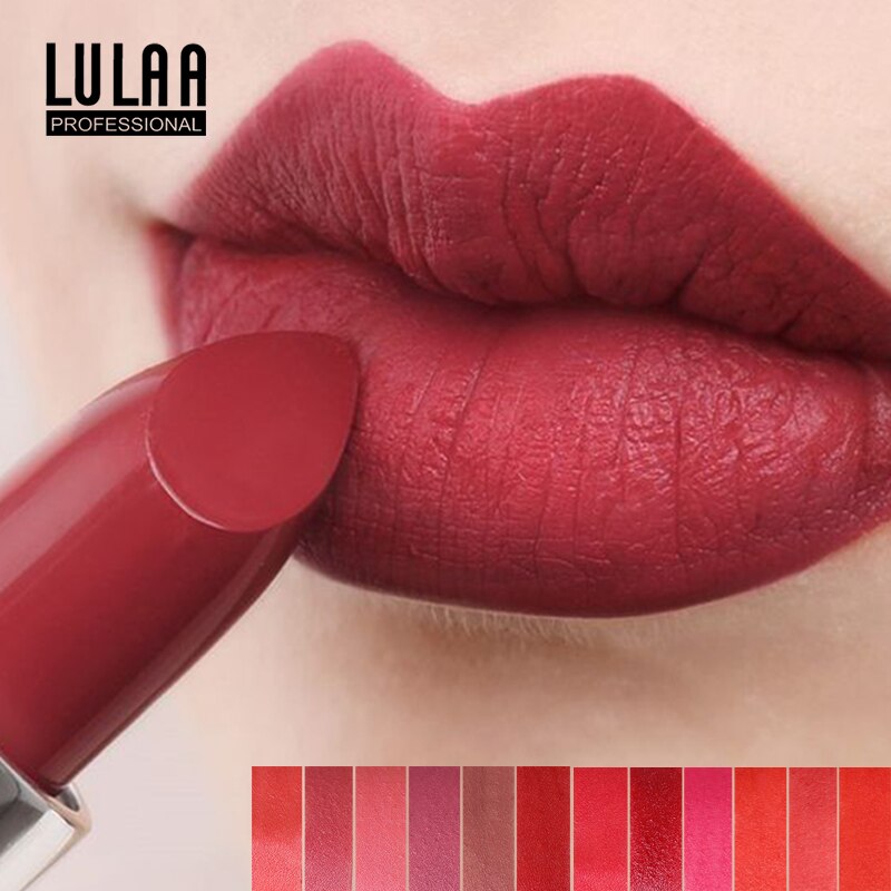 LULAA 12 Colors Matte Lipstick Waterproof Makeup Smooth High Pigment Batom Mate Long-lasting Red Color Lip Tint Cosmetics Women