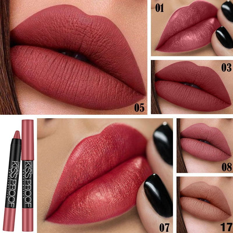 12 Colors Matte Lipstick Pen Kissproof Waterproof Shimmer Matte Batom Long-lasting Sexy Red Color Lip Stick Women Rouge